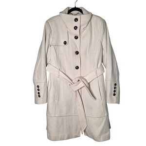Guess Coat Women M Cream Wool Blend Trench Funnel Neck Belted WJGB2007 WBWW404